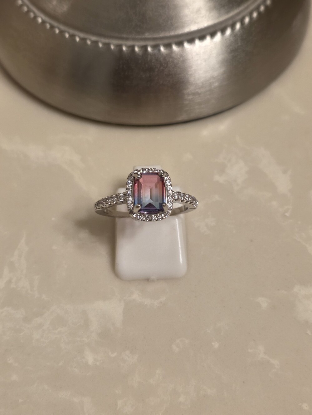 Silver CZ Pink and Blue Ombre Ring Size 8